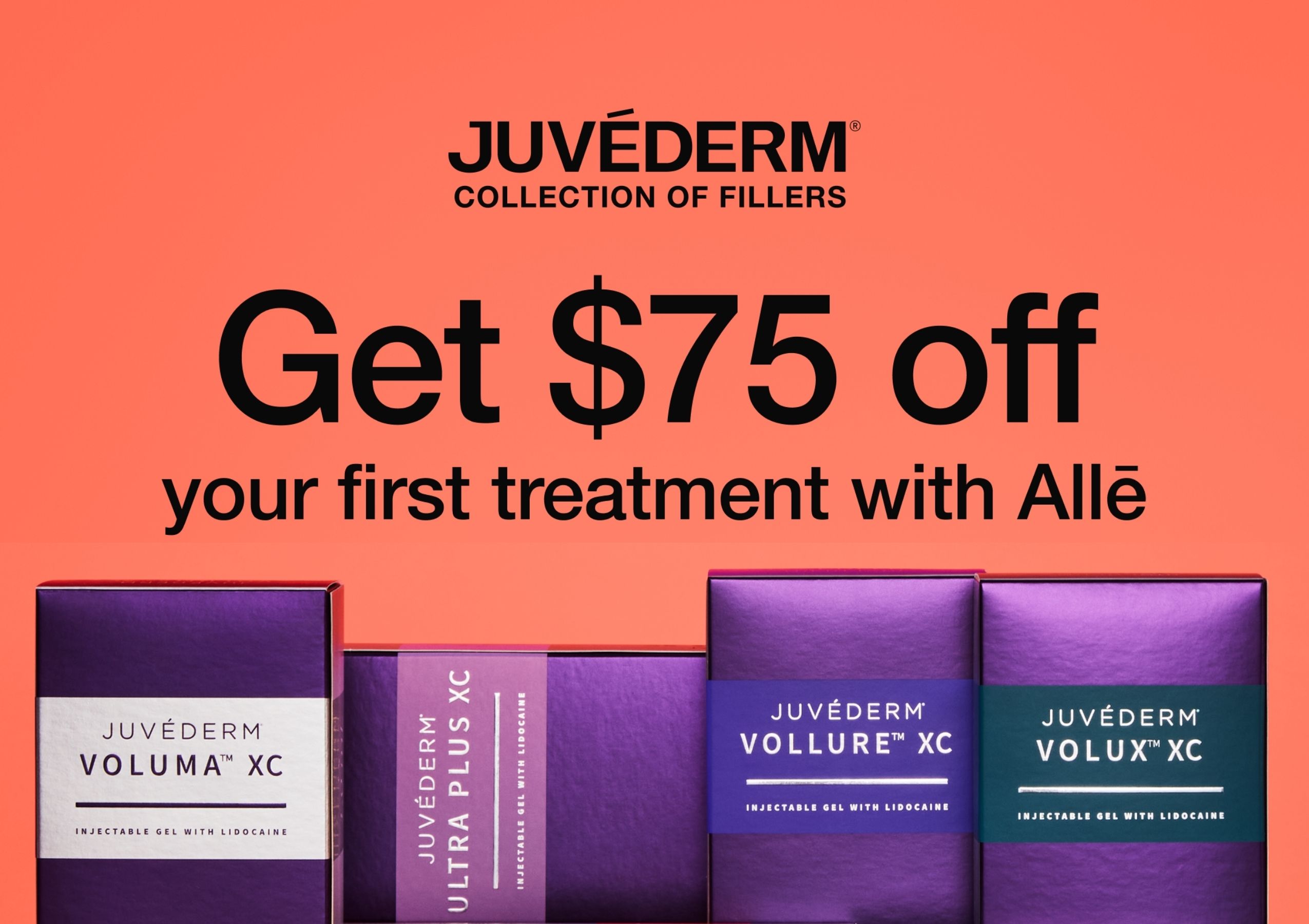 Promotional Juvederm ad offering $75 off your first treatment with Allē, featuring purple skincare boxes on an orange background.